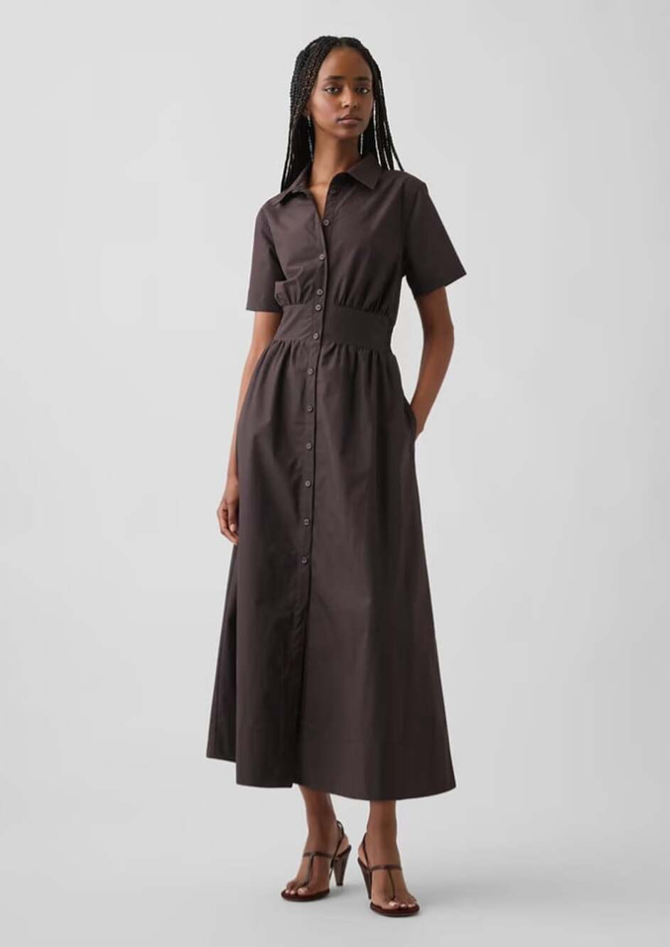 Gap NWT Poplin Smocked-Waist Maxi Shirt Dress in Terra Brown Size Large